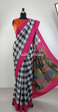 Checked dupion saree with kalamkari pallu