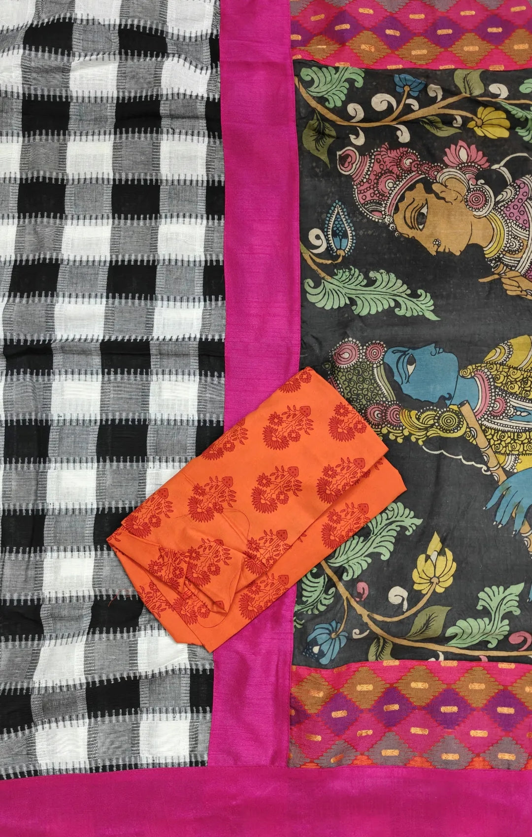 Checked dupion saree with kalamkari pallu