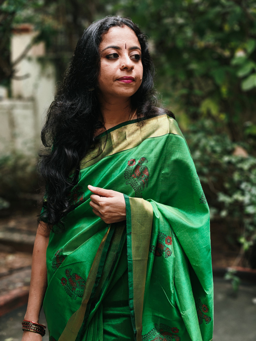Haritha: Block printed silk cotton saree with blouse