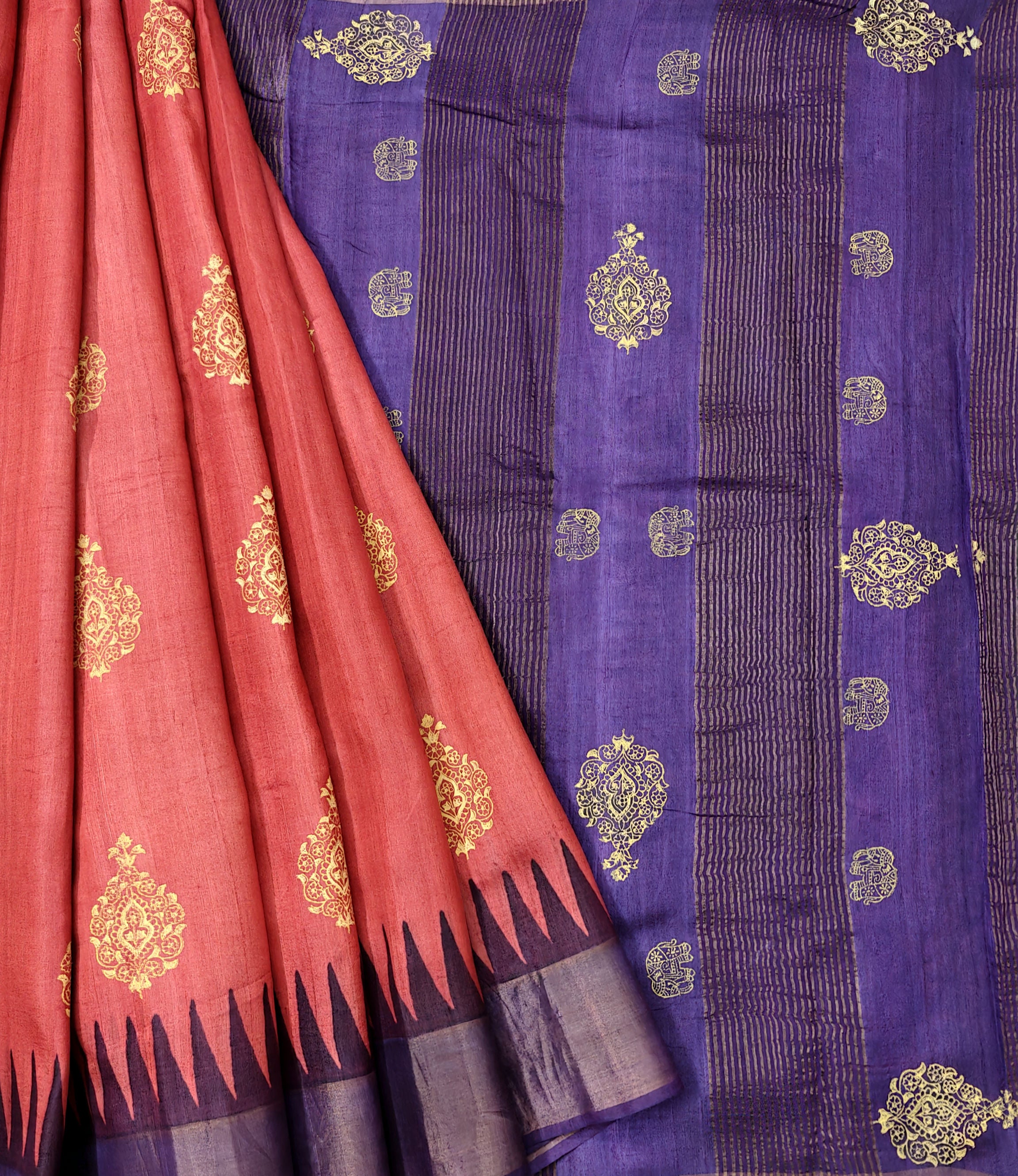Block printed tussar silk saree with blouse