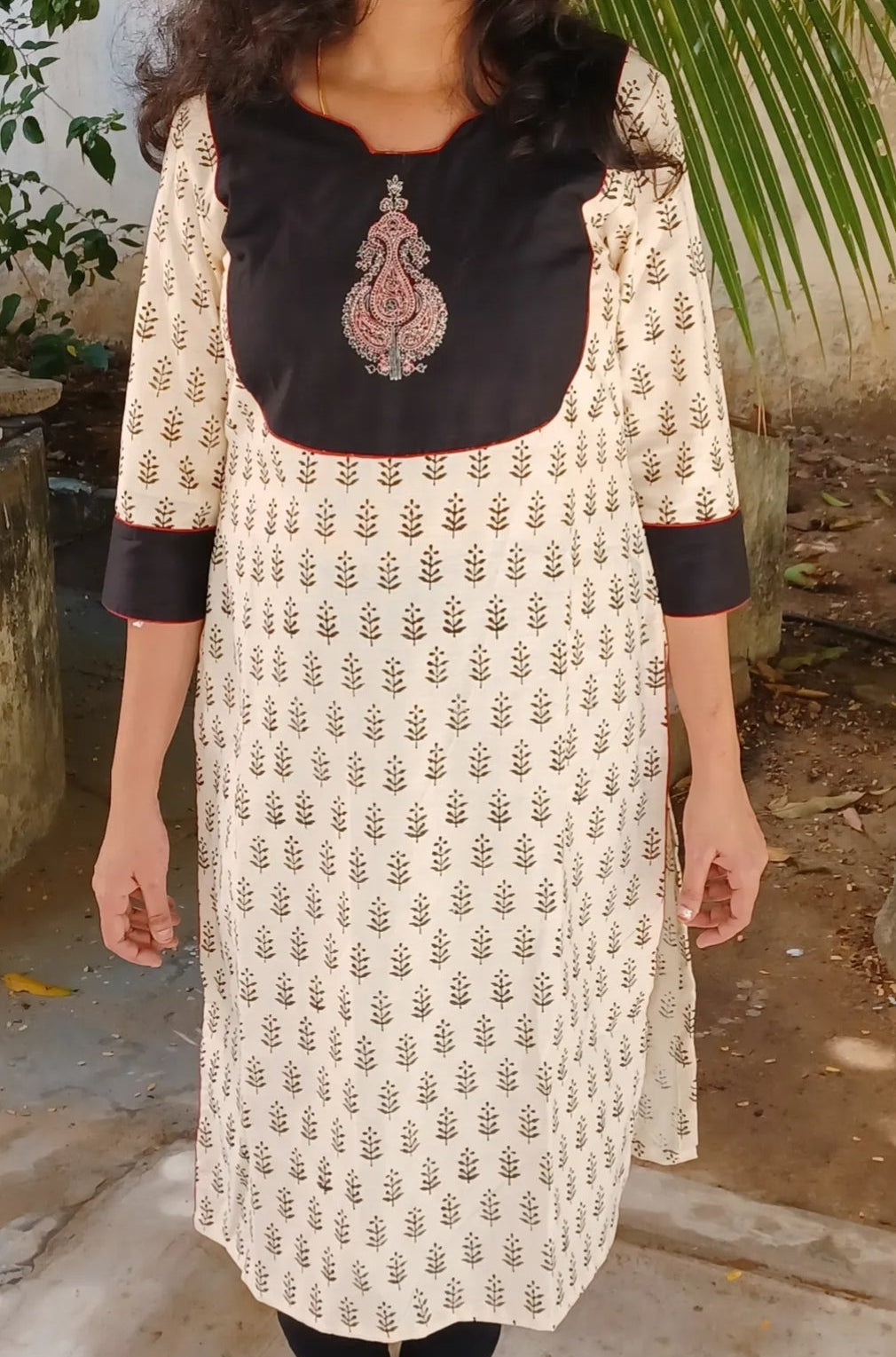 Block printed off white kurta