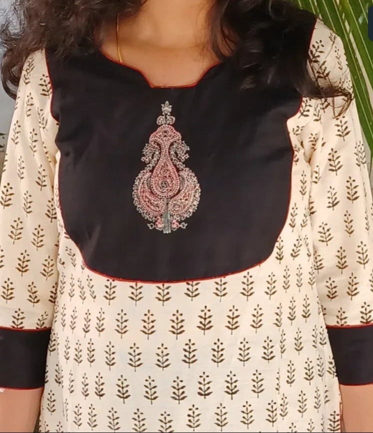 Block printed off white kurta