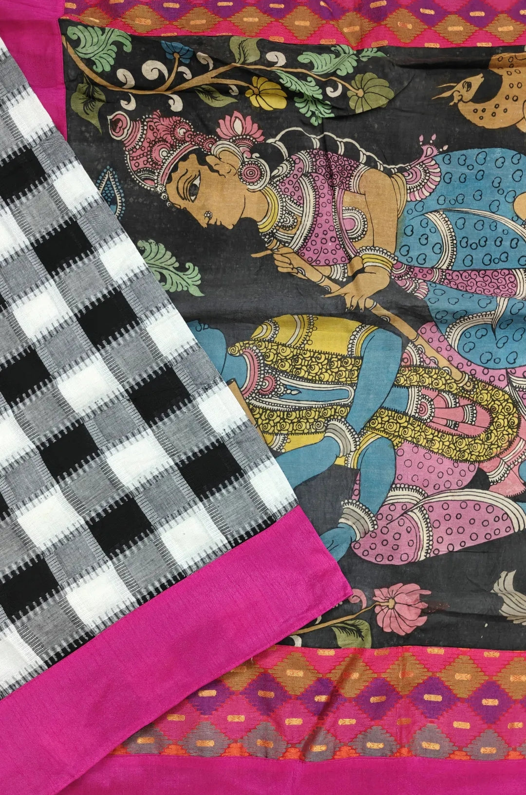 Checked dupion saree with kalamkari pallu