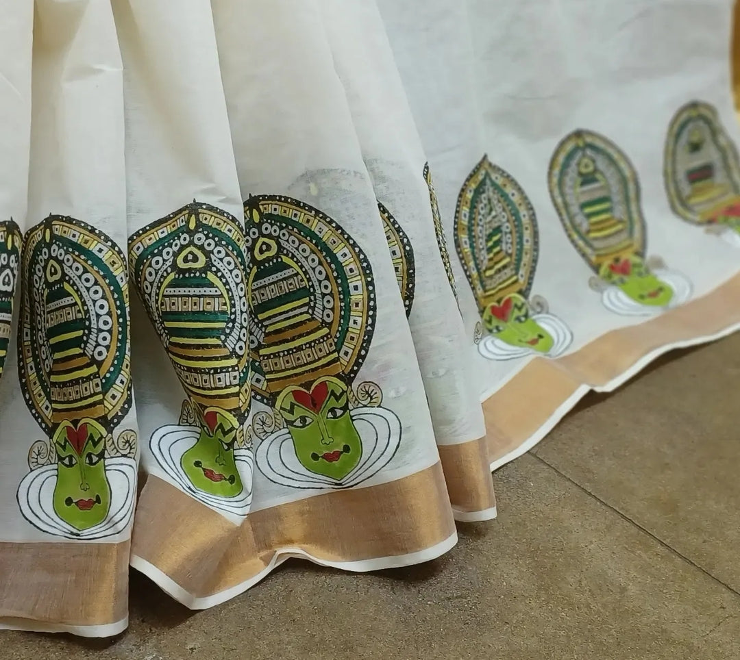 Handpainted kathakali on kerala cotton saree