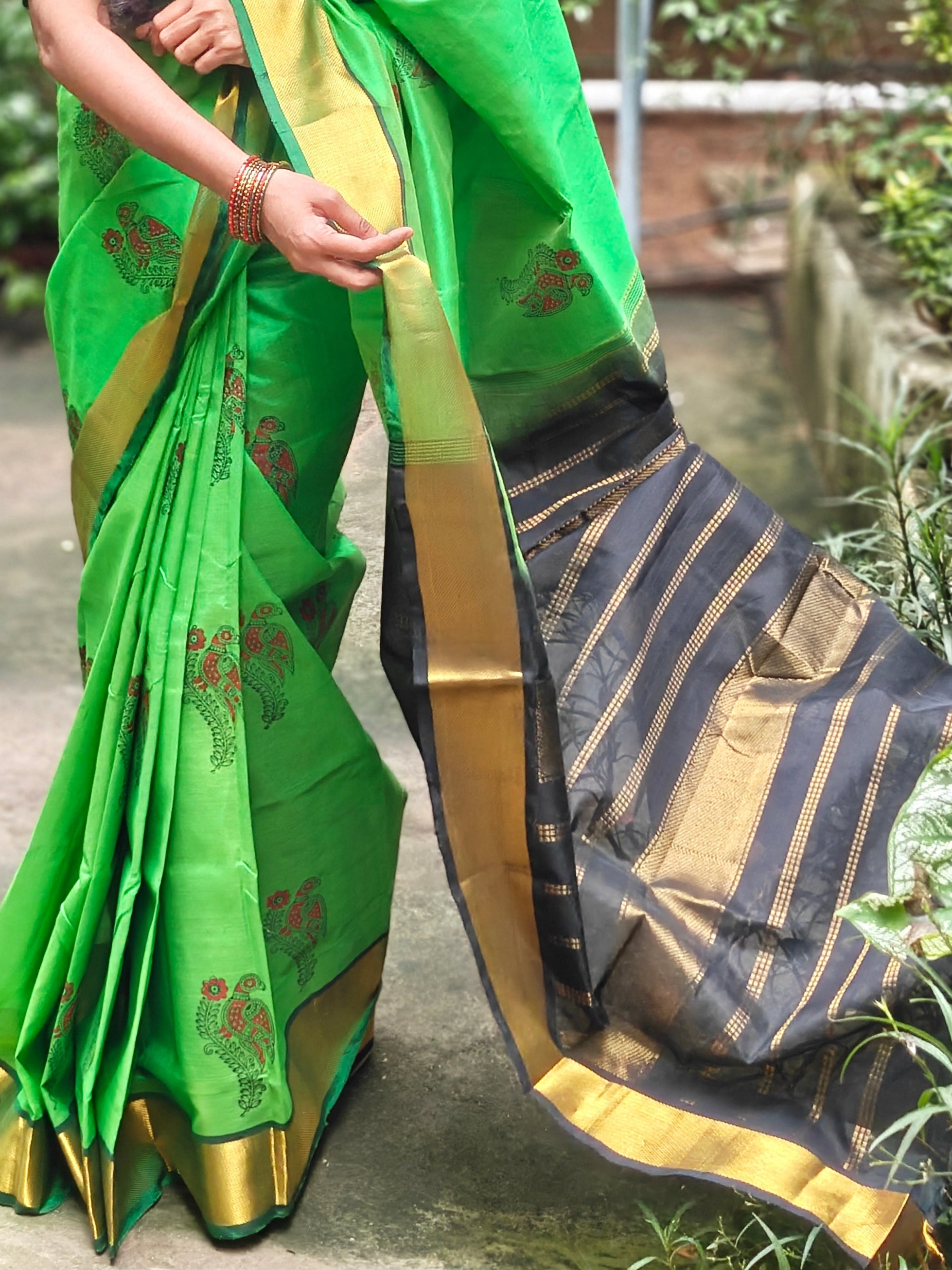 Haritha: Block printed silk cotton saree with blouse