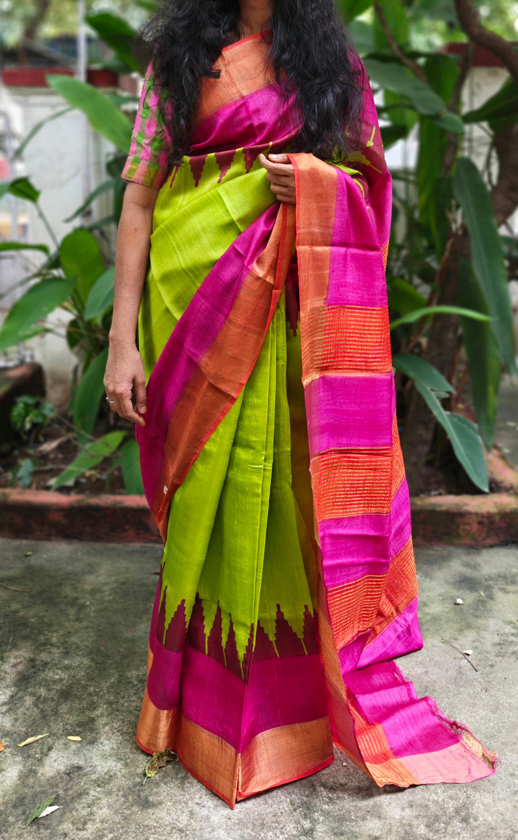 Lime green tussar silk saree with blouse