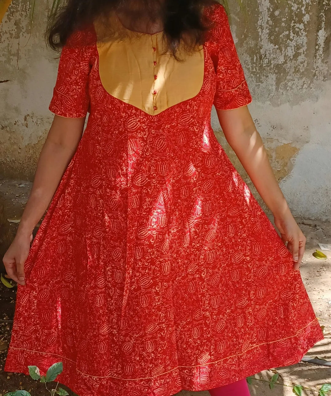 Red anarkali with kalamkari prints