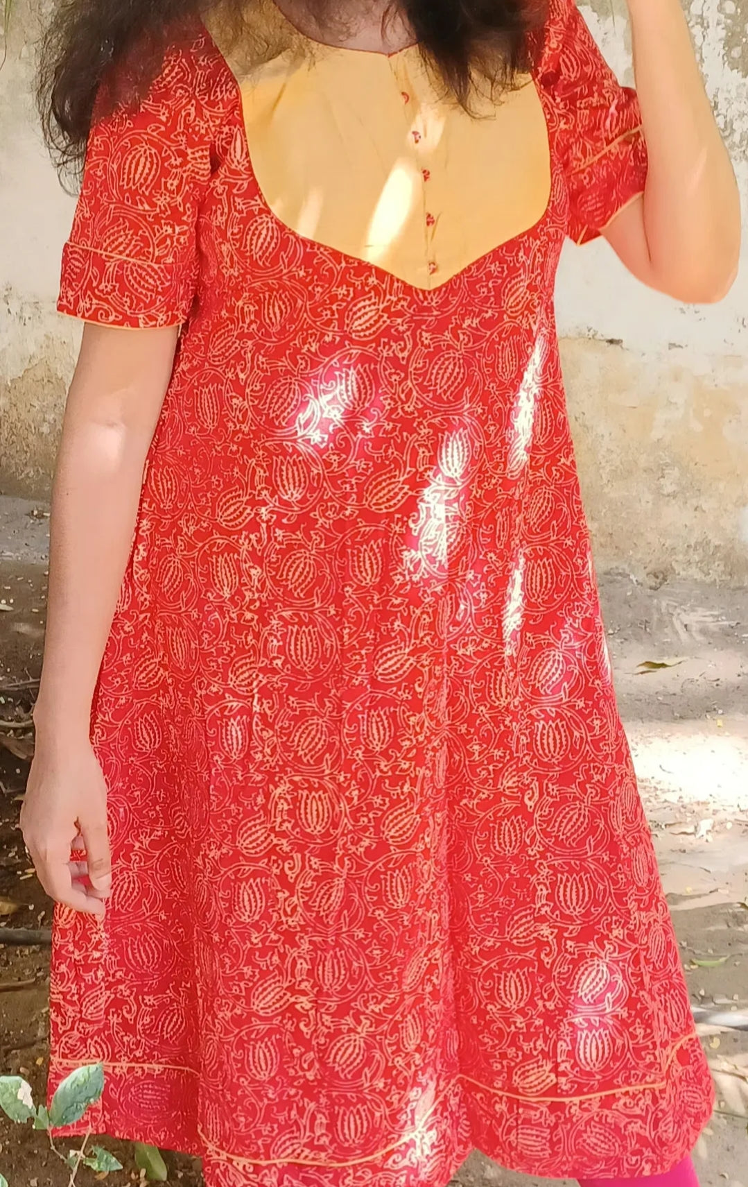 Red anarkali with kalamkari prints