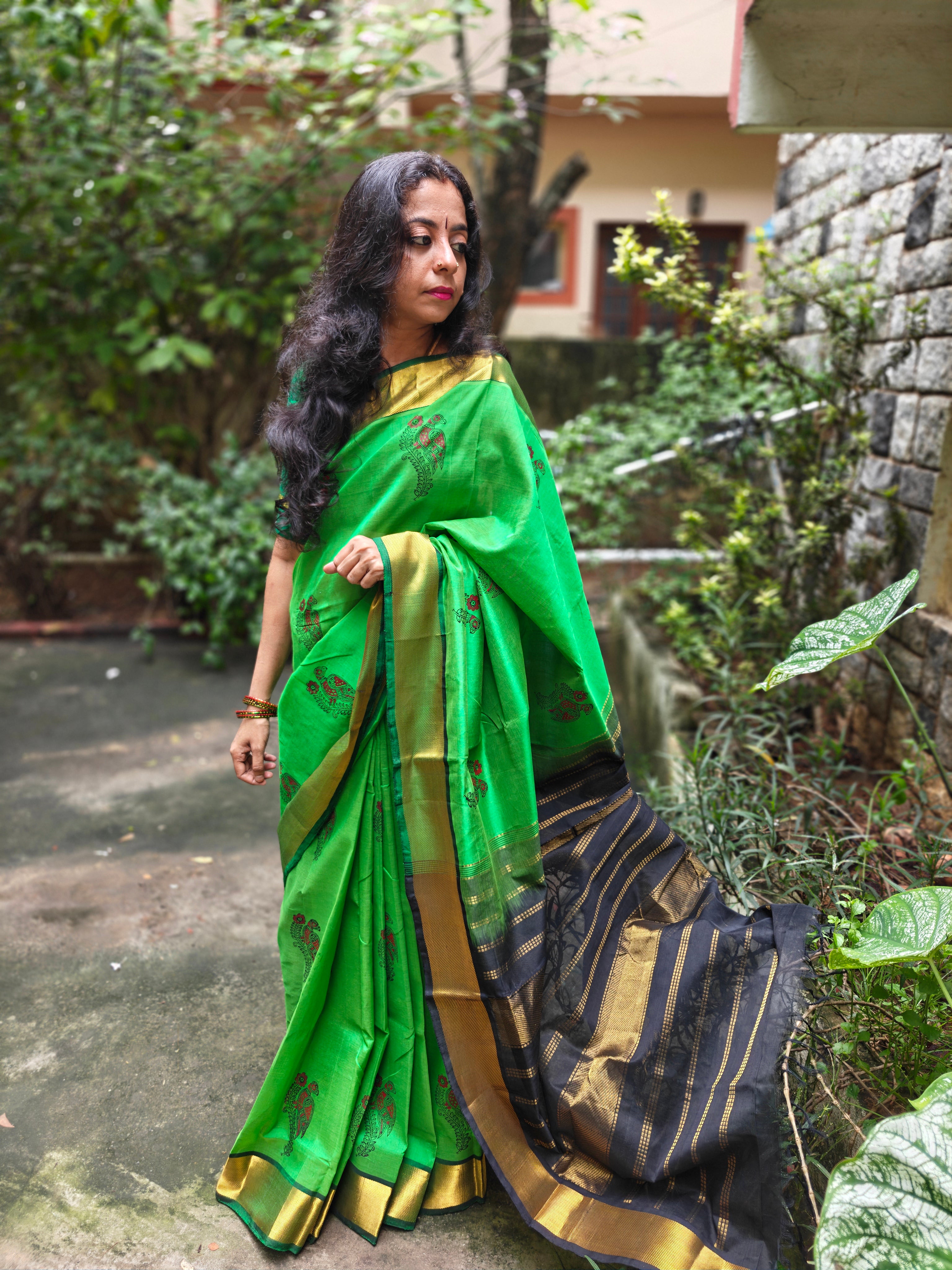 Haritha: Block printed silk cotton saree with blouse
