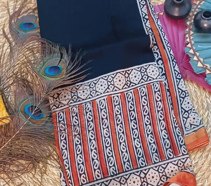 Block printed cotton silk saree