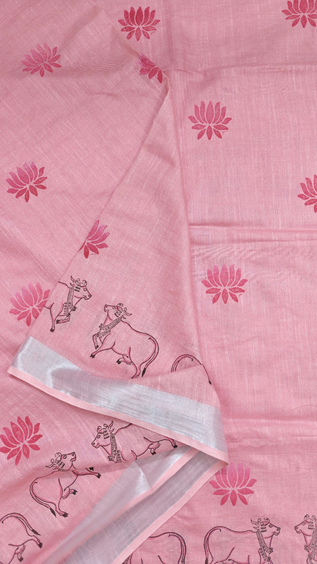 Pichwai prints on pink linen cotton saree