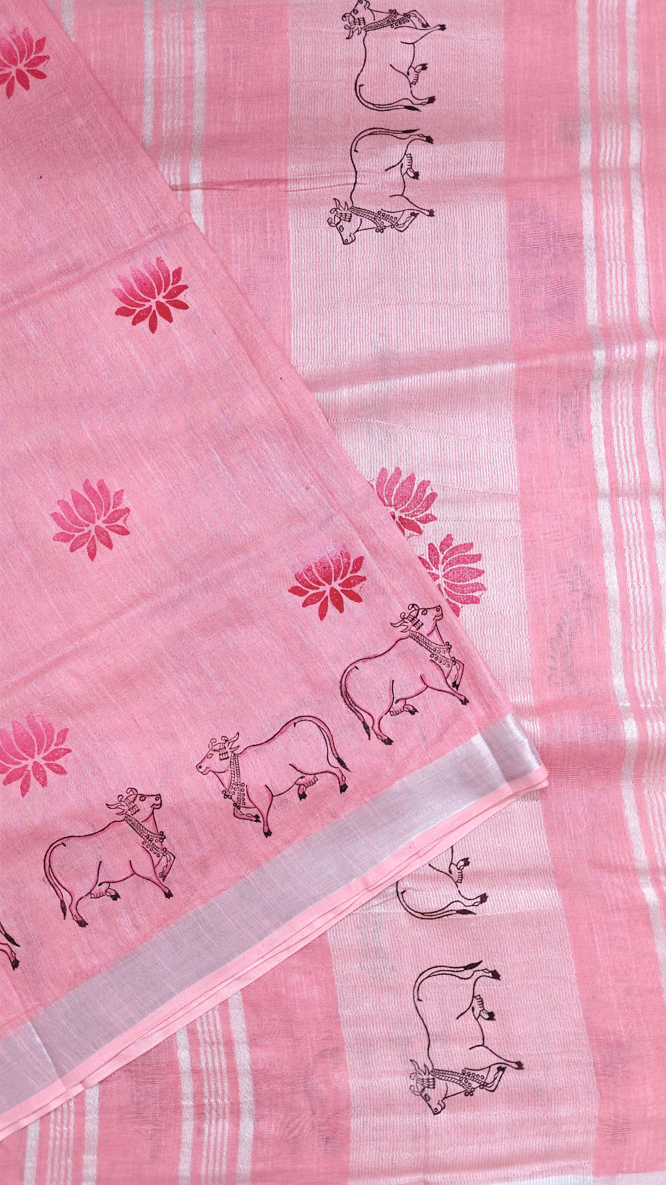 Pichwai prints on pink linen cotton saree