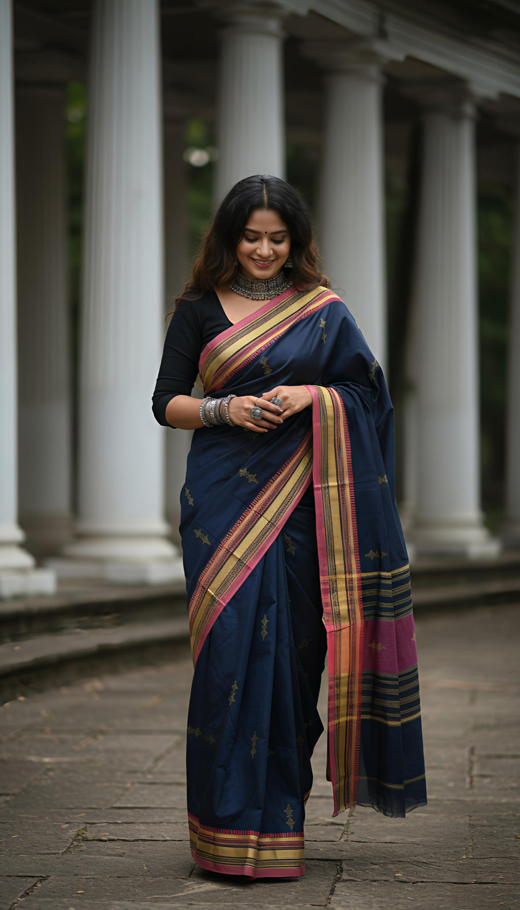 Kajal: Black handloom block printed saree