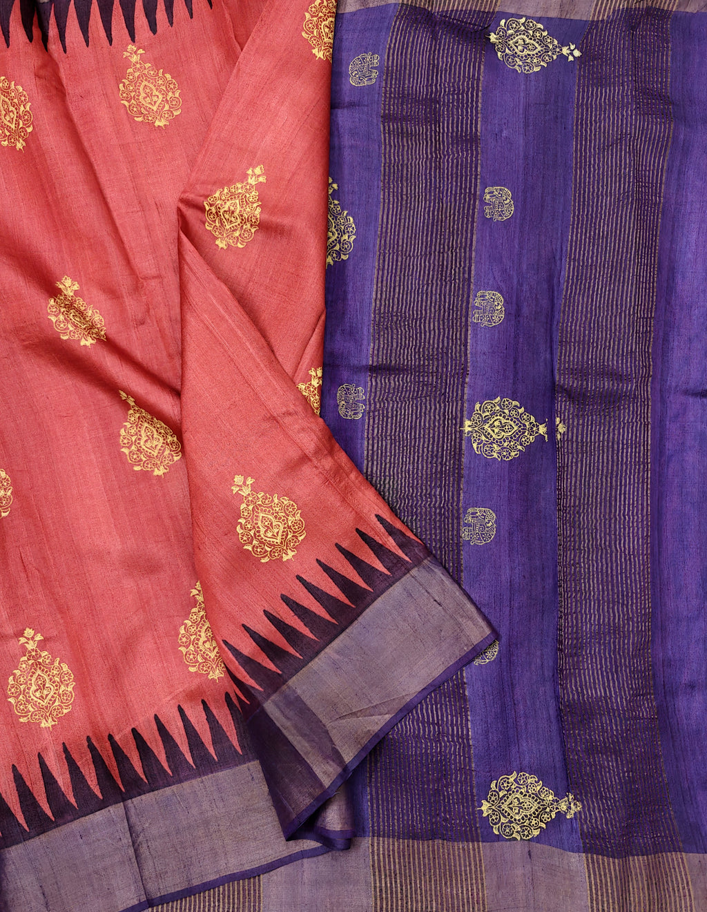 Block printed tussar silk saree with blouse