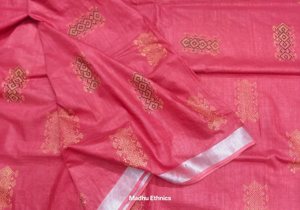 Block printed linen cotton saree