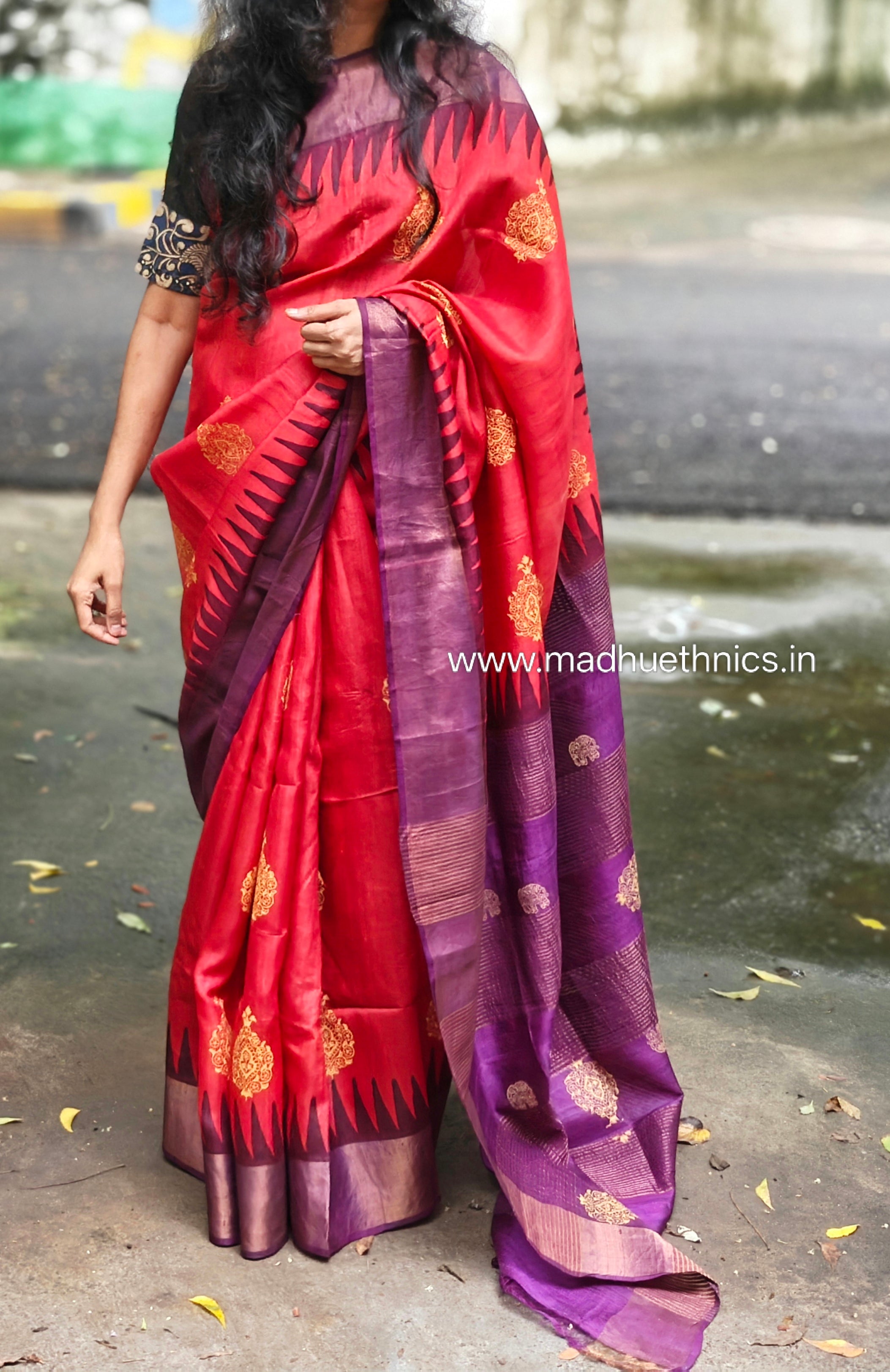 Block printed tussar silk saree with blouse