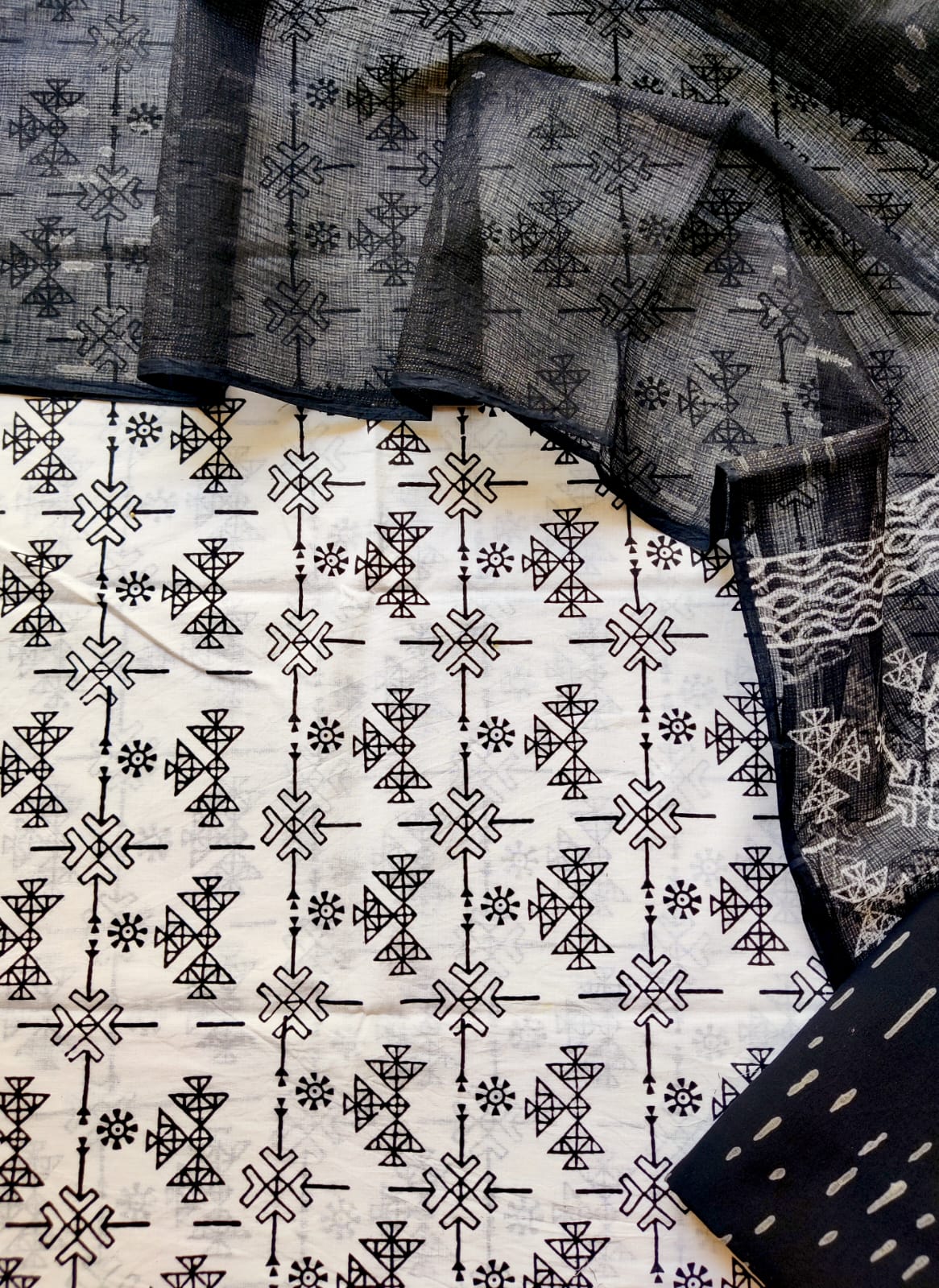 White and black cotton salwar kameez with kota cotton dupatta