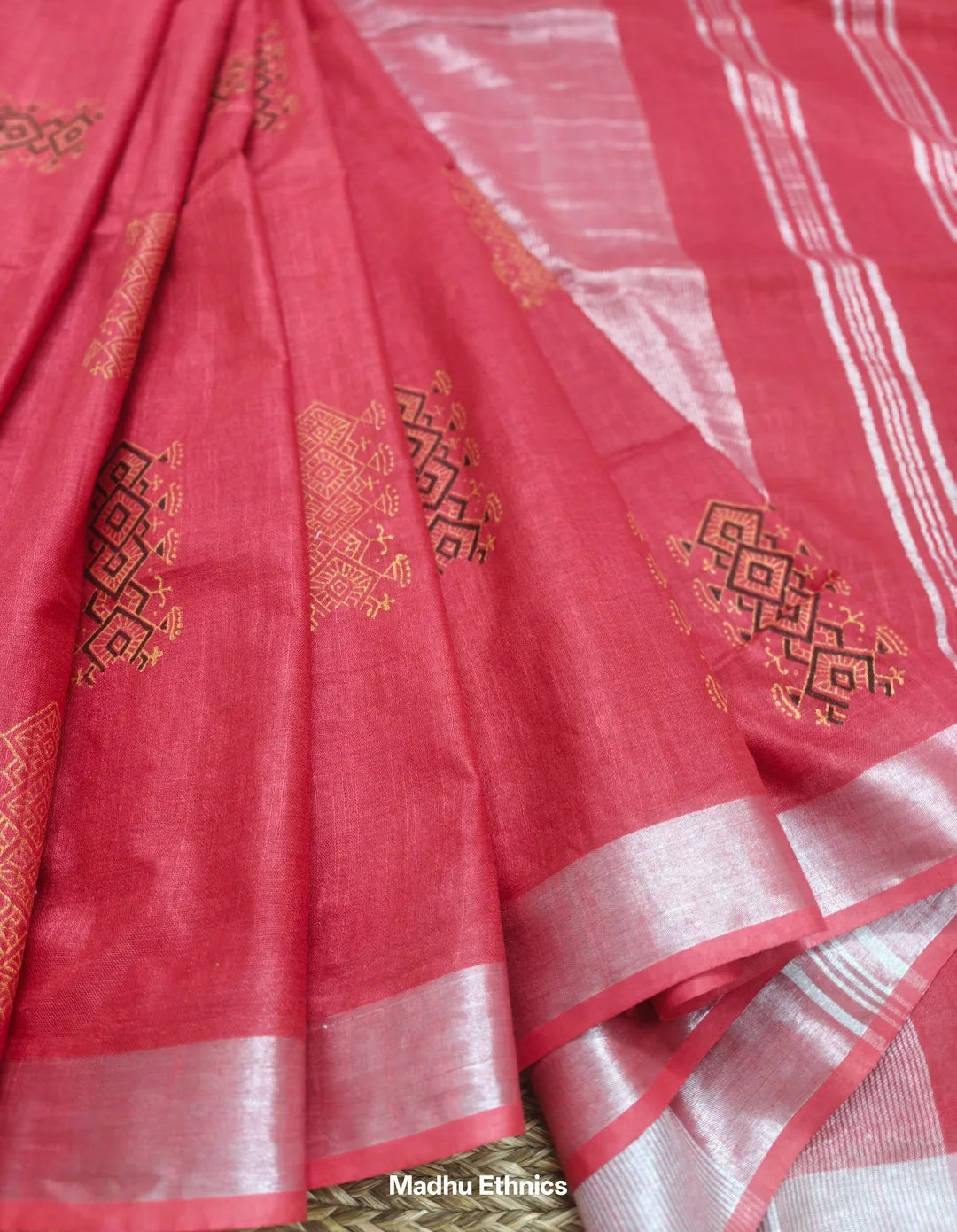 Block printed linen cotton saree