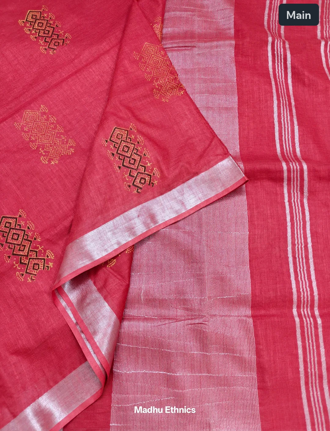 Block printed linen cotton saree