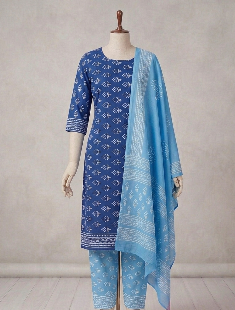 Blue Block printed salwar with cotton dupatta