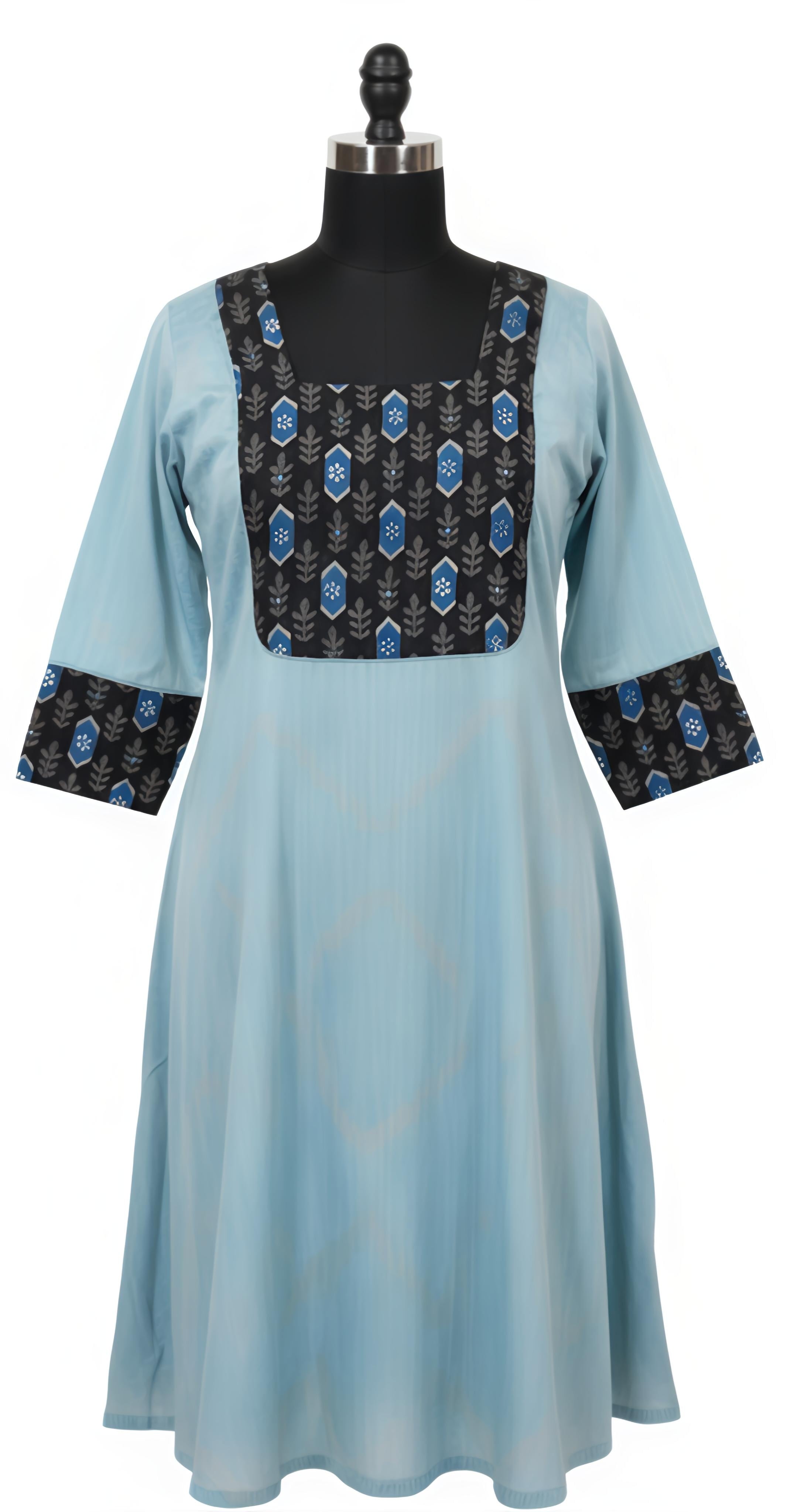 Block printed Anarkali with mirror embroidery