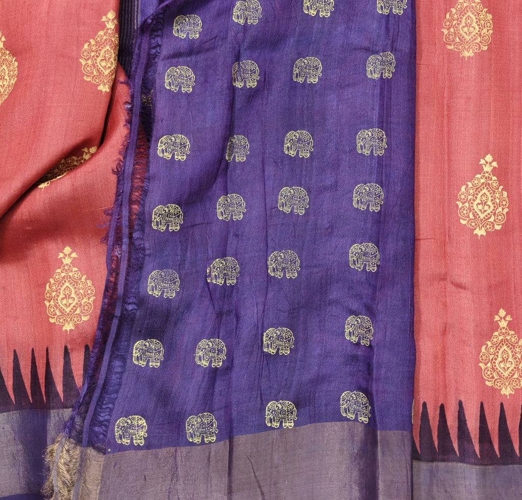 Block printed tussar silk saree with blouse