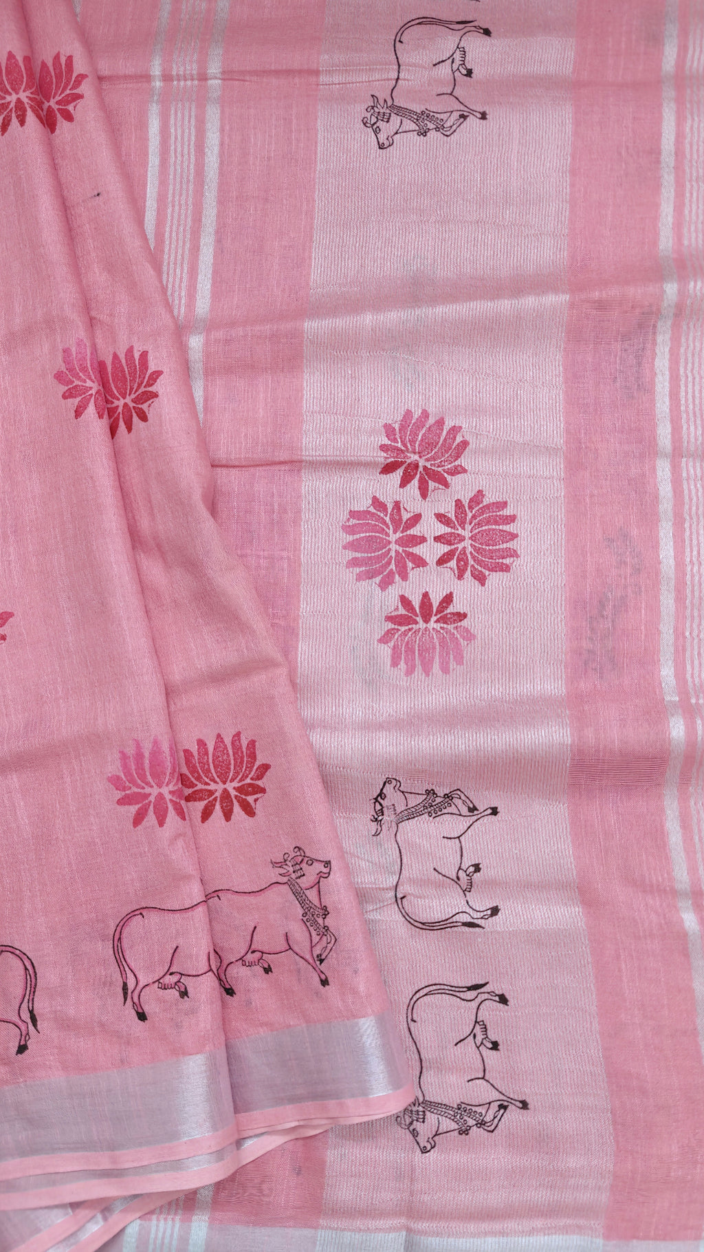 Pichwai prints on pink linen cotton saree