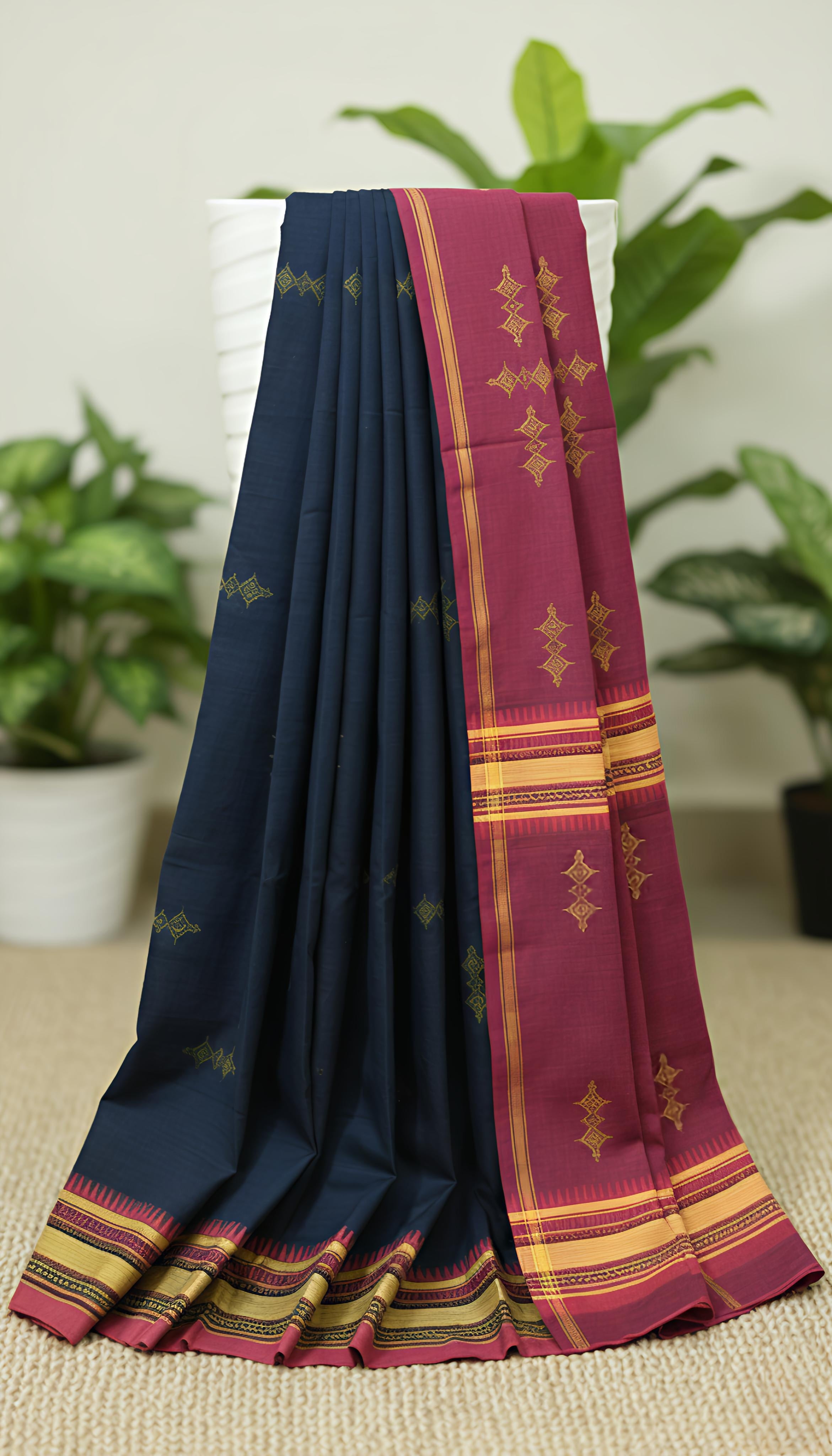 Kajal: Black handloom block printed saree