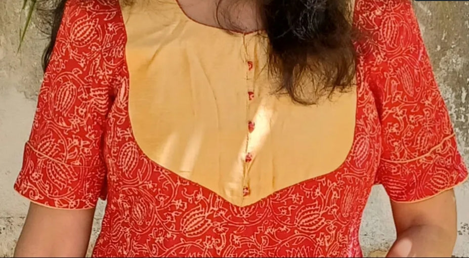 Red anarkali with kalamkari prints