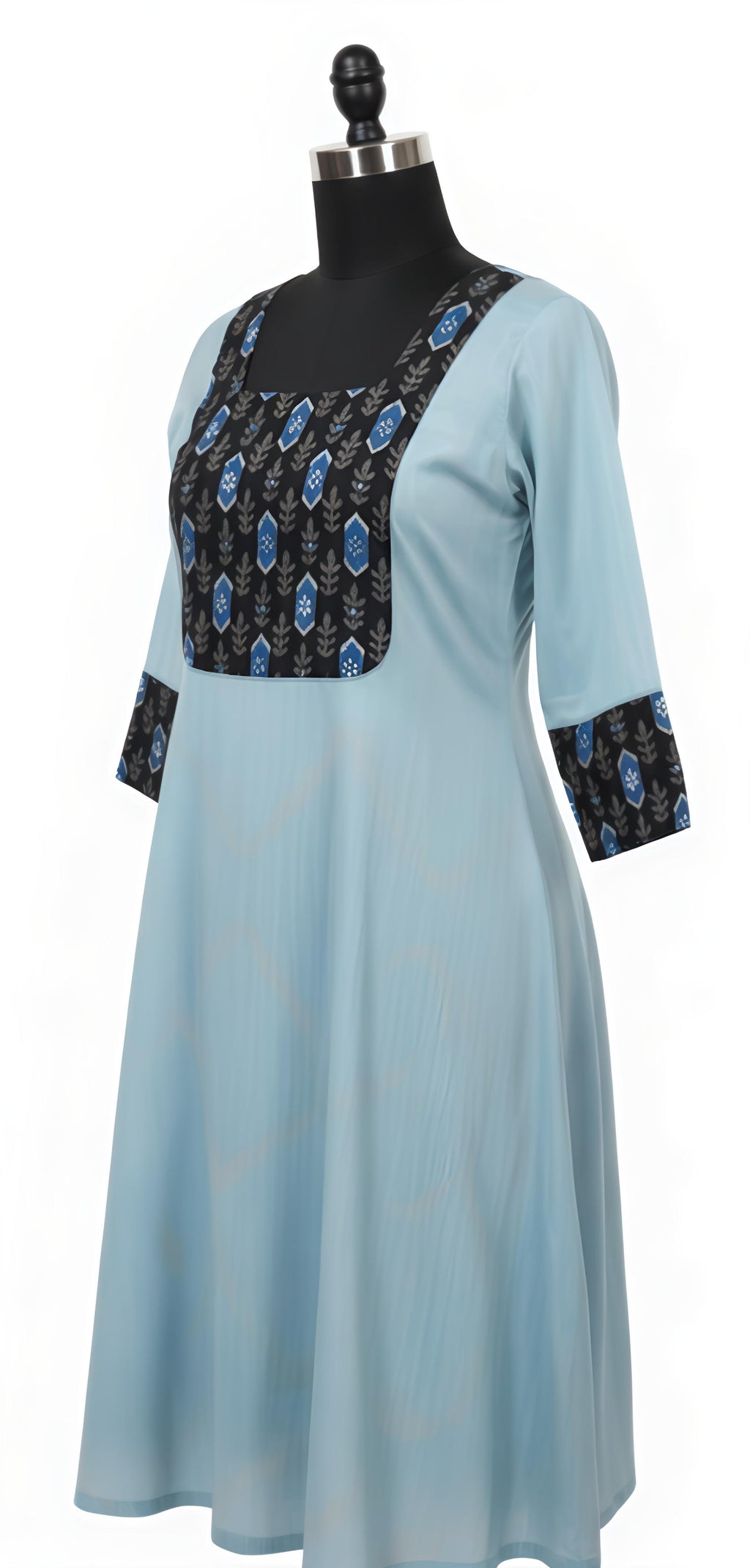 Block printed Anarkali with mirror embroidery