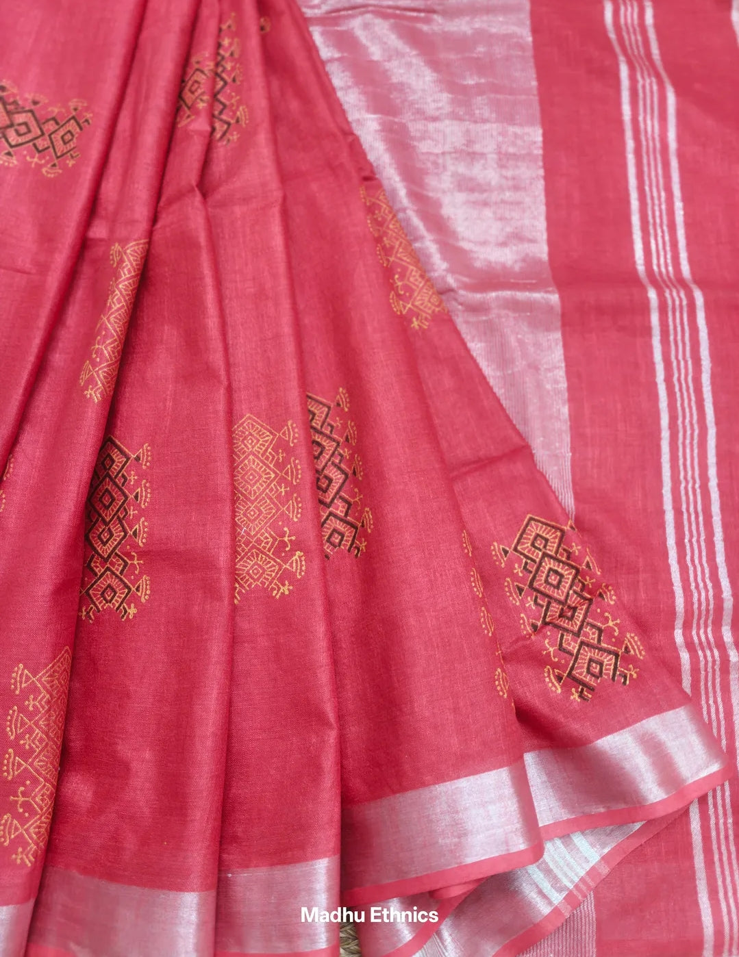 Block printed linen cotton saree